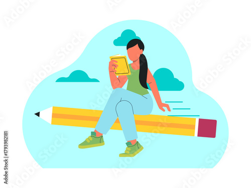 Female student is riding a big pencil and she is reading a book. Back to school vector illustration. Flat illustration concept.