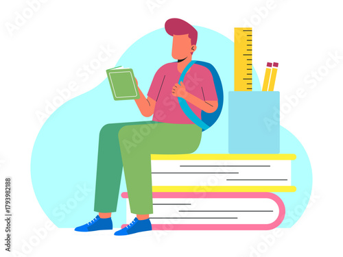 Male student is reading a book while sitting on a pile of large books. Back to school vector illustration. Flat illustration concept.