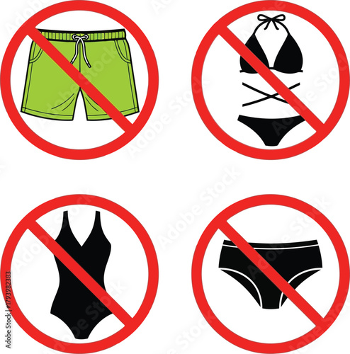 No swimwear allowed sign collection beach pool resort forbidden clothing icons summer vacation restrictions vector
