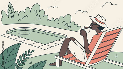 Woman relaxing by the pool summer vacation drinking coffee in lounge chair backyard illustration vector art