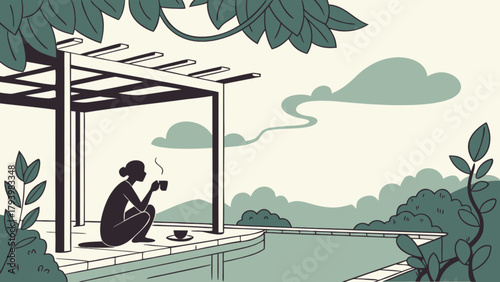 Woman relaxing with coffee by the pool under a pergola enjoying nature and outdoor living space design