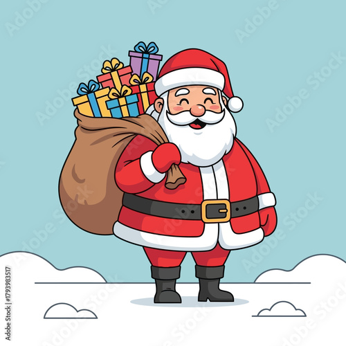 Jolly cartoon Santa Claus carrying a sack full of colorful gift boxes over his shoulder, standing in a snowy winter landscape.