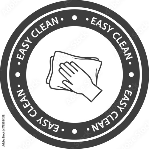 Hand wiping surface with cloth inside circle emblem signifying easy clean and hygiene symbol vector