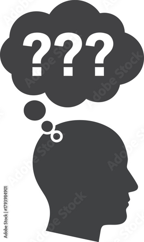 Confused person silhouette with question marks in thought bubble thinking about problem solution uncertainty doubt vector