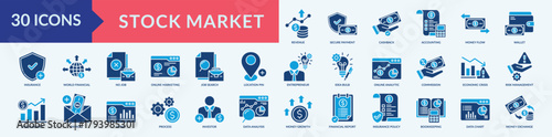 Stock market icon collection set with risk management, data analysis, cashback, accounting, revenue