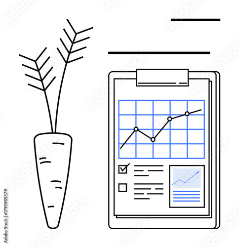 Carrot root crop next to clipboard featuring a line graph, checklists, and small documents. Ideal for agriculture, analytics, sustainability, research, growth productivity farm management. Minimal