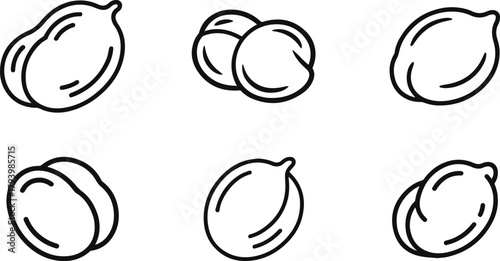 Chickpea pod outline icon set vector line art. Simple bean food sketch collection.