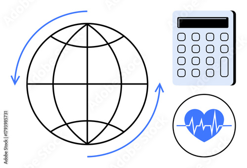 Globe with circular arrows, calculator, heart with pulse line conveying connectivity, efficiency, health tech. Ideal for global impact, innovation, tech growth, sustainability finance medical data