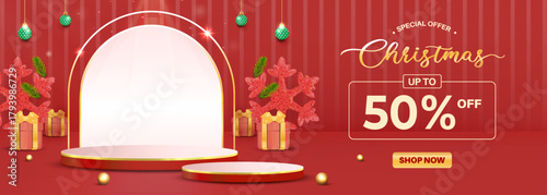 Christmas Sale Banner With Stage Podium And Gifts For Holiday Promotion Shop Now