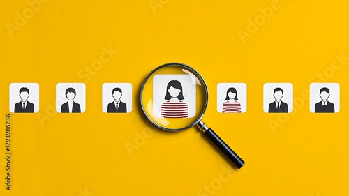 Magnifying glass highlighting selected candidate among business profile icons for recruitment
