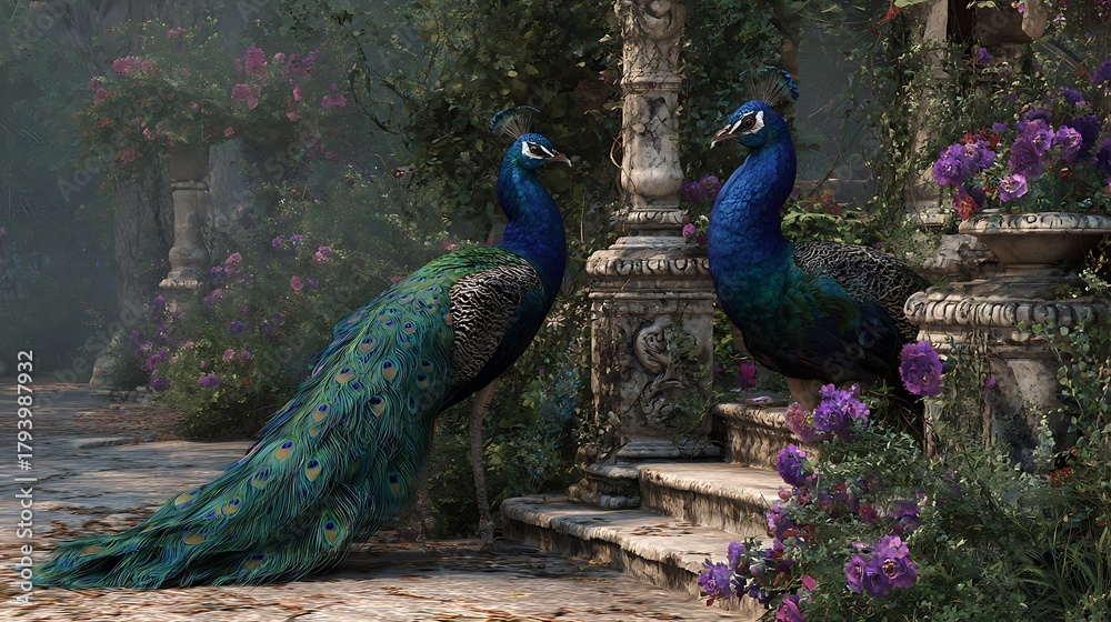 Fototapeta premium Two Peacocks in Overgrown Garden with Stone Columns and Purple Flowers