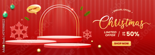 Christmas Promotion Banner With Stage, Arch, And Limited Time Offer For Holiday Sale