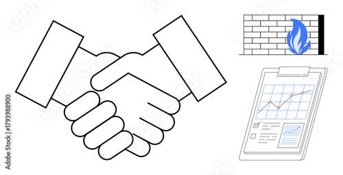Handshake representing partnership, brick wall with flame for firewall or security, clipboard chart symbolizing analytics. Ideal for business, security, collaboration, data, success, protection