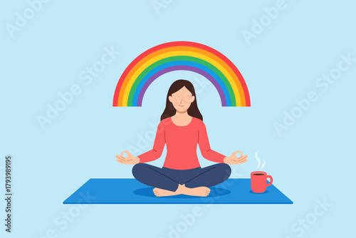Flat illustration of young woman meditating peacefully on yoga mat with colorful rainbow and hot drink beside symbolizing mindfulness relaxation emotional balance and inner peace