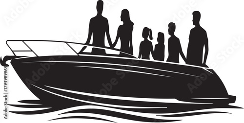 Black silhouette of a family enjoying a boat ride on the water people