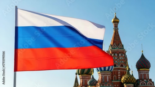 Russian flag waving in front of saint basils cathedral in moscow, russia