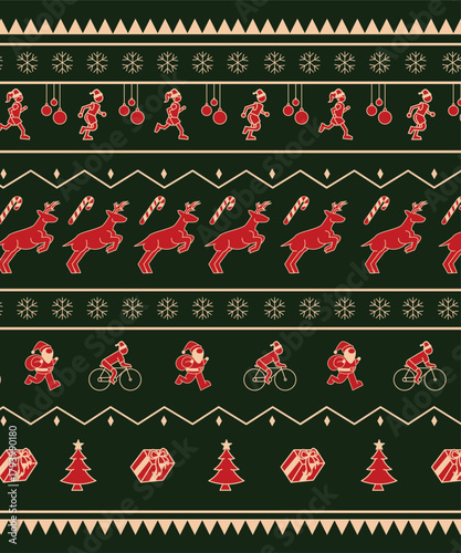 Christmas pattern sport template design for posters, social media, flyers and greeting publications is a combination of a running, cycling, and santa