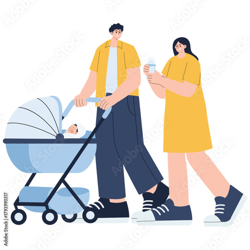 Newborn Baby Illustration. Vector illustration of Parents walk outdoors with a baby in a stroller while carrying a bottle, symbolizing family time and modern parenting. Isolated on background