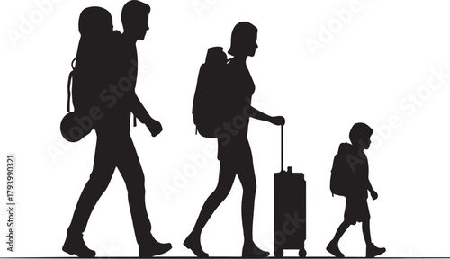 Black silhouette of a family with backpacks and a suitcase walking together travel vacation