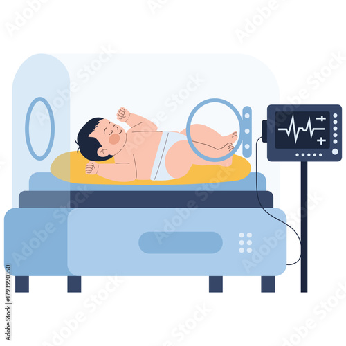 Newborn Baby Illustration. Vector illustration of Sleeping infant inside hospital incubator with monitor in neonatal care unit. Isolated on background