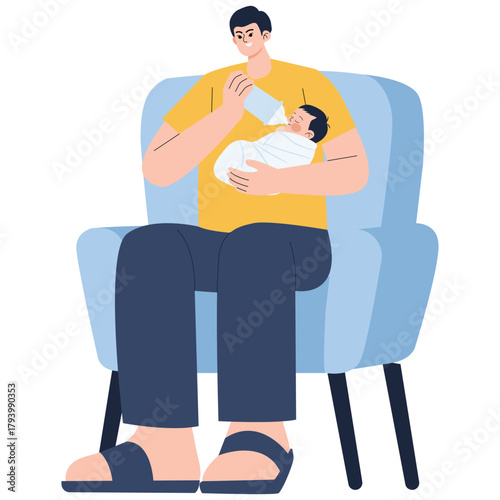 Newborn Baby Illustration. Vector illustration of Father feeding newborn with bottle while sitting on comfy chair at home. Isolated on background