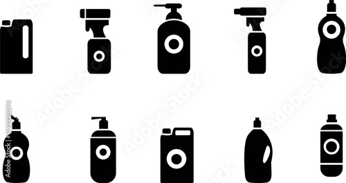 Household Cleaning Product Icons Set. Detergent, Spray Bottle, Soap Dispenser, Container Silhouettes