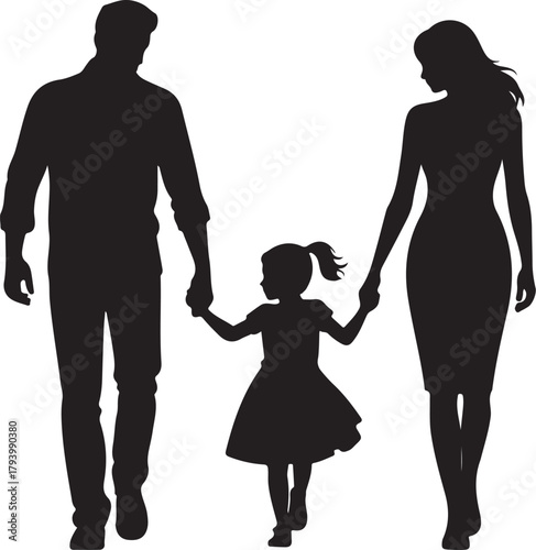 Black silhouette of a father mother and daughter holding hands walking together family