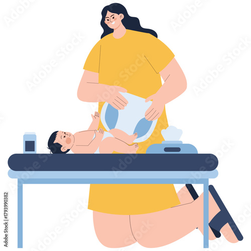 Newborn Baby Illustration. Vector illustration of Mother changing newborn diaper on table with wipes and powder during daily care. Isolated on background