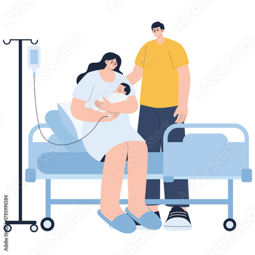 Newborn Baby Illustration. Vector illustration of Mother holding newborn in hospital ward with IV support as partner stands nearby. Isolated on background