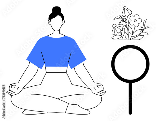 Woman in lotus pose practicing meditation, magnifying glass showcasing nature with flowers. Ideal for mindfulness, inner balance, wellness, relaxation, nature, personal growth, simple flat metaphor