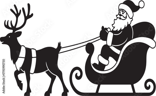 Black silhouette of Santa Claus riding a sleigh pulled by a reindeer Christmas winter