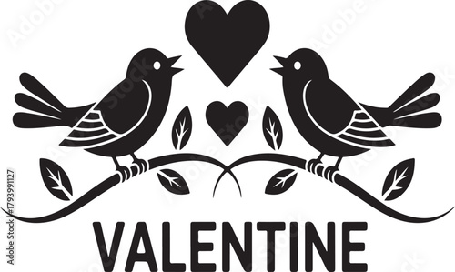 Two black birds perched on branches with leaves and hearts above the word V A L E N T I N E