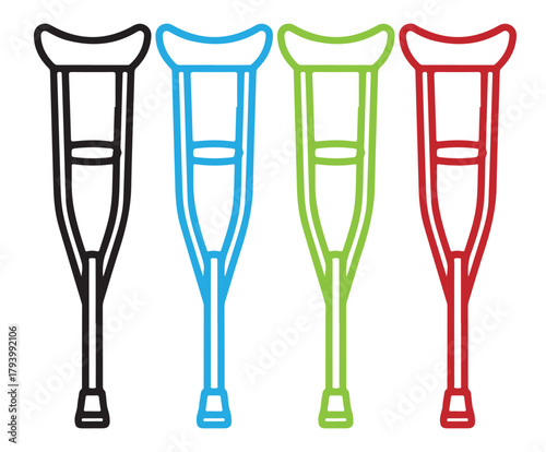 Line art illustration of four crutches in black, blue, green, and red each crutch is depicted with a padded top and a rubber tip