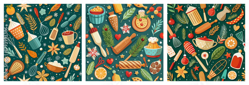 Cozy Christmas Kitchen Pattern Collection with Whisks, Rolling Pins, Pots, Orange Slices, Dough Shapes and Pine Sprigs Vector Design