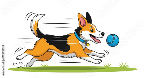 Cartoon dog running with a blue ball on grass, with motion lines indicating speed.