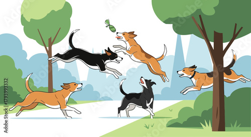Five dogs playing in a park, jumping to catch a green toy.