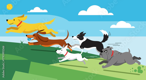 Cartoon illustration of a group of dogs running on a grassy hill under a blue sky.