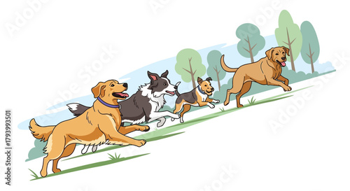 Cartoon illustration of four dogs running uphill in a park with trees in the background.