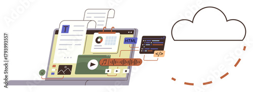 Laptop with open multimedia files, code, documents, and cloud connection visualization. Ideal for cloud computing, data storage, digital workflow, coding, file sharing online learning modern