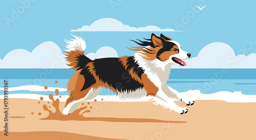 Dog running on beach with ocean and sky in background, illustration.