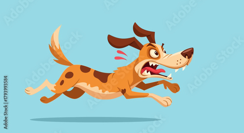 Cartoon illustration of an angry dog running with bared teeth and raised hackles on a blue background.