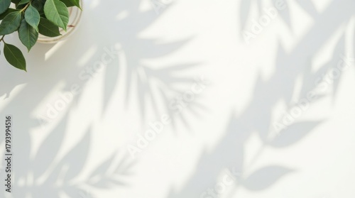 Top view of a plant in a glass pot with leaf shadows cast on a white surface in bright sunlight