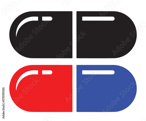 Illustration of a black, red, and blue pill, representing medication, treatment, and healthcare, suitable for medical and pharmaceutical purposes
