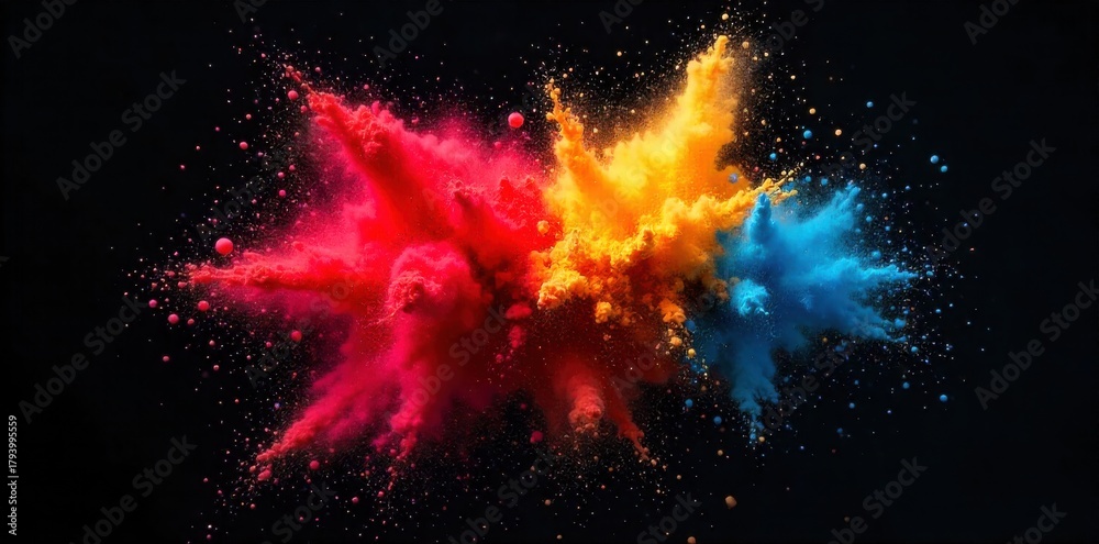 Obraz premium Abstract Rainbow Explosion of Powder An extremely high resolution, macro photograph of a chaotic explosion of vibrant, powdered pigments. The colors are a full spectrum rainbow, erupting outwards from