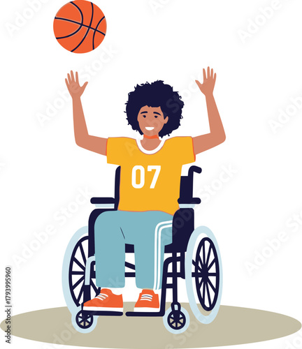 Joyful young person in wheelchair gleefully plays basketball, celebrating active lifestyle and inclusivity with vibrant energy