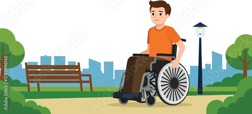 Man happily enjoys a sunny day in his wheelchair exploring a city park with trees and buildings in the background