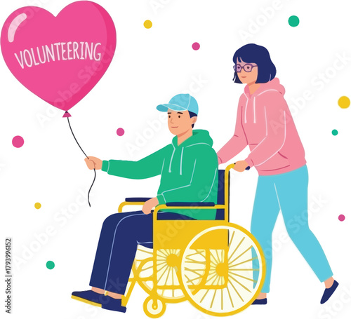 Compassionate volunteer assists person in wheelchair, spreading hope with a 'Volunteering' heart balloon, celebrating care and community support