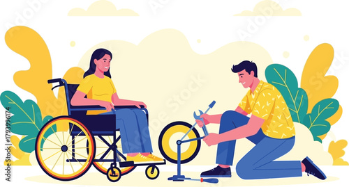 Caring companion helps person with disability repair wheelchair wheel, showing teamwork and support in modern outdoor setting