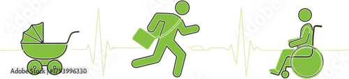 Journey of life depicted through a heartbeat line showing a baby stroller, active person, and wheelchair user