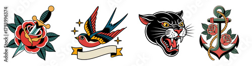 American traditional tattoo icons featuring dagger rose swallow panther and anchor rendered in bold vintage colors on transparent background for design elements and graphic templates